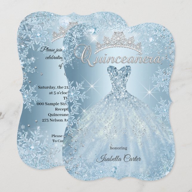 Quinceanera 15:e Isigen Blue Winter wonderland Dre Inbjudningar (Fram/baksida)