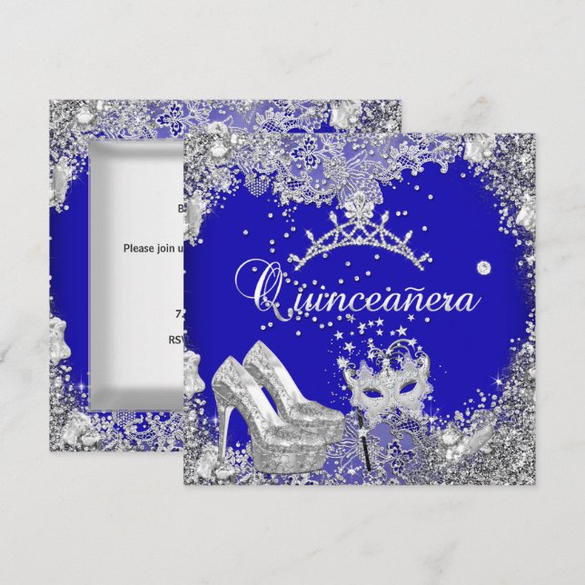 Quinceanera 15:e Koboltblå Silvermask Tiara Inbjudningar (Fram/baksida)