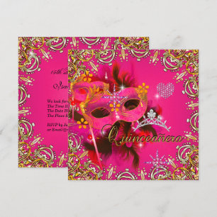 Quinceanera 15:e korallrosa maskeradfest guld inbjudningar