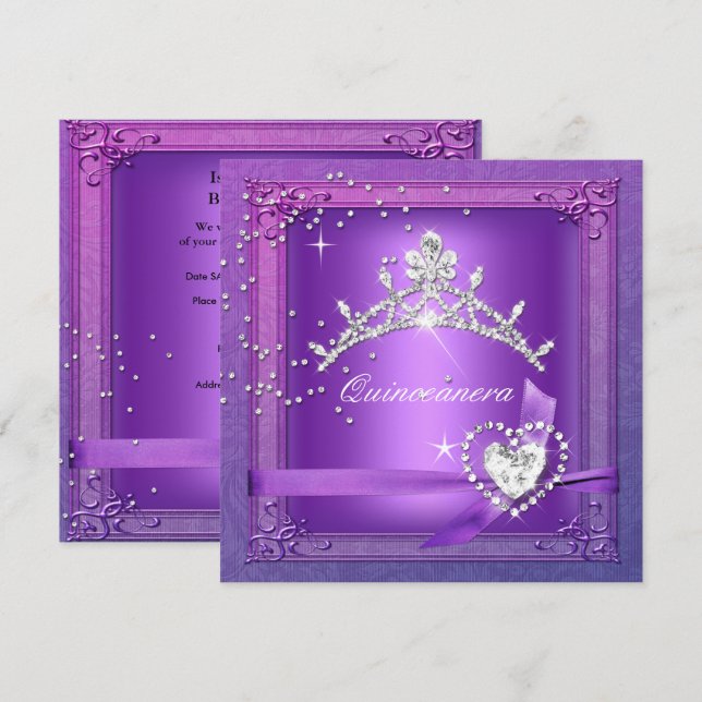 Quinceanera 15:e krona lila 15 födelsedagsfest inbjudningar (Fram/baksida)