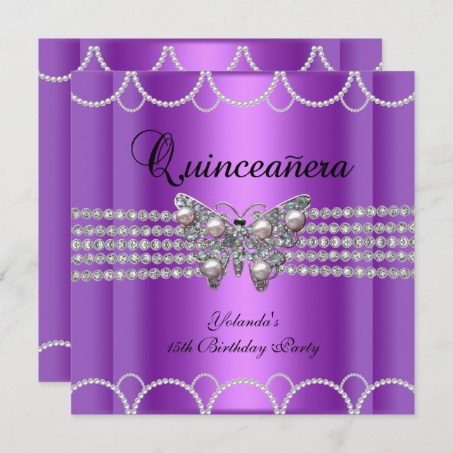 Quinceanera 15:e Lila Butterfly Pearl Snöre Inbjudningar (Fram/baksida)