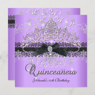 Quinceanera 15:e Lila Glitter Tiara Black Bow Inbjudningar