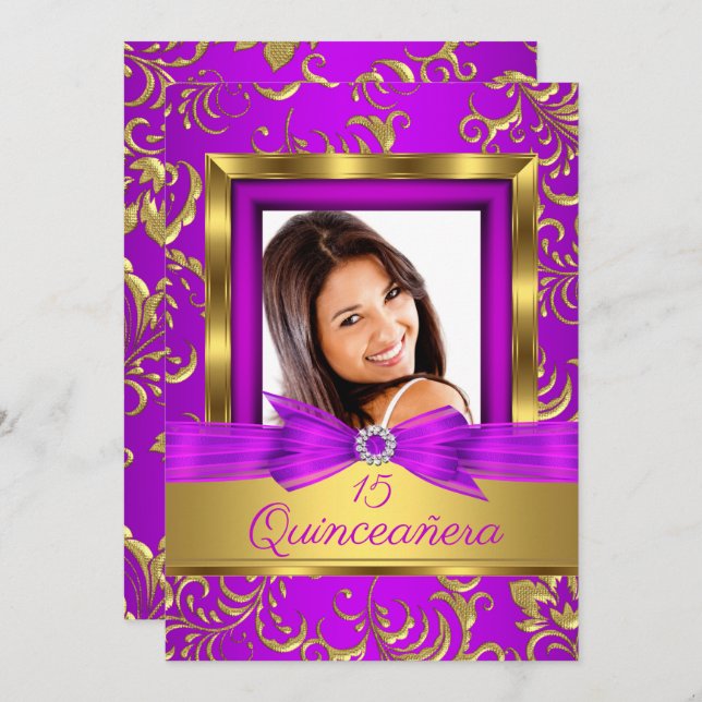 Quinceanera 15:e Lila rosa Guld Damask Photo Inbjudningar (Fram/baksida)