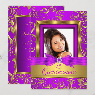 Quinceanera 15:e lila rosa Guld Damast Foto Inbjudningar