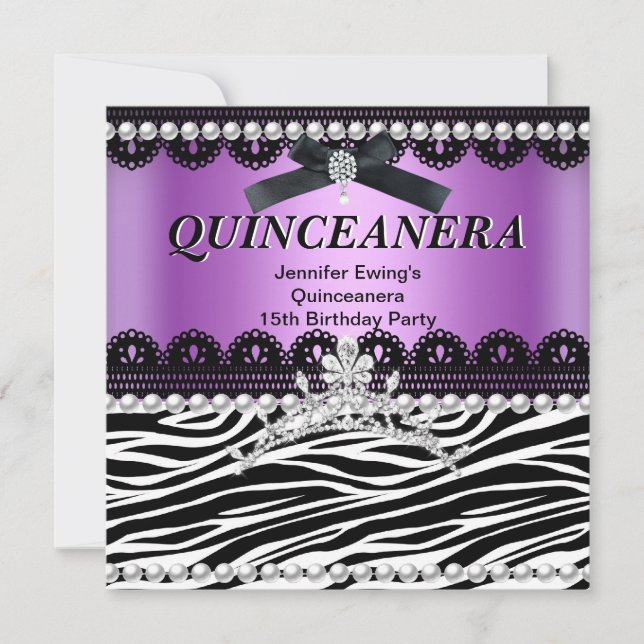 Quinceanera 15:e lila rosa svart zebra tiara inbjudningar (Framsida)