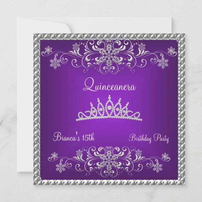 Quinceanera 15:e lila svart diamanttiara inbjudningar (Framsida)