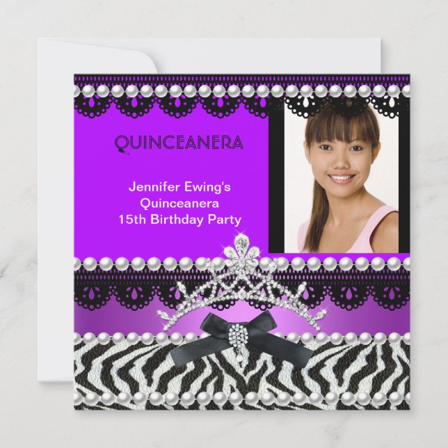 Quinceanera 15:e lila svart zebra pärltiara inbjudningar (Framsida)