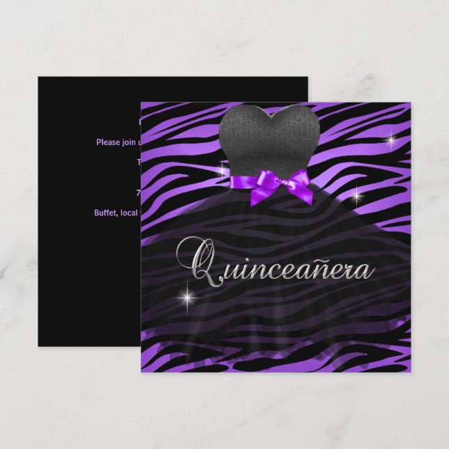 Quinceanera 15:e lila svart zebradräkt inbjudningar (Fram/baksida)