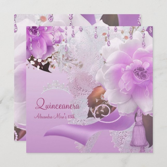 Quinceanera 15:e Lilac Rosa Blommigt White Inbjudningar (Fram/baksida)