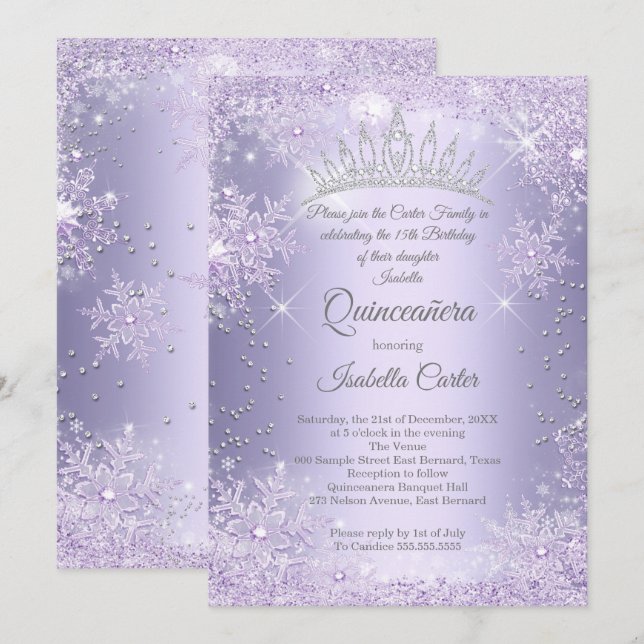 Quinceanera 15:e Lilan Lilac Snowflake Winter Inbjudningar (Fram/baksida)