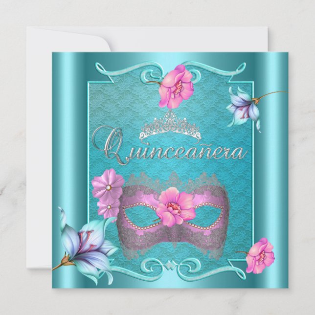 Quinceanera 15:e Mask Teal Blue Rosa Silver Blommi Inbjudningar (Framsida)