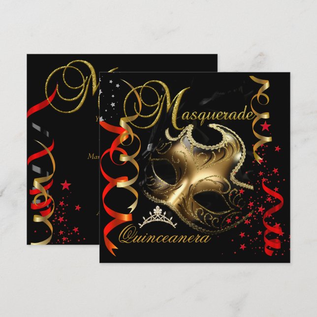 Quinceanera 15:e Maskerad Röd Guld Maskeradmask Inbjudningar (Fram/baksida)