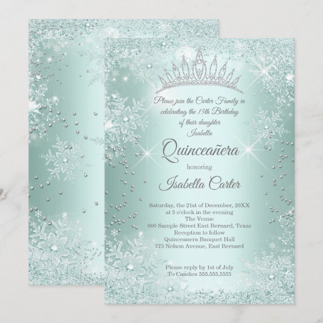 Quinceanera 15:e Mint Teal Snowflake Winter Inbjudningar (Fram/baksida)