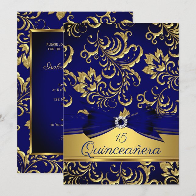 Quinceanera 15:e Navyblå Guld Blommig Damastslinga Inbjudningar (Fram/baksida)