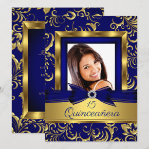Quinceanera 15:e Navyblå Guld Blommig Foto Inbjudningar