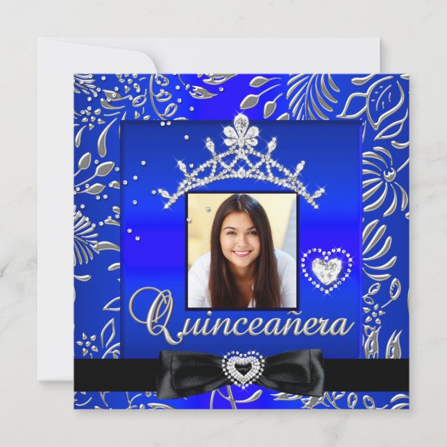 Quinceanera 15:e Party Blue Silver Damask Photo Inbjudningar (Framsida)
