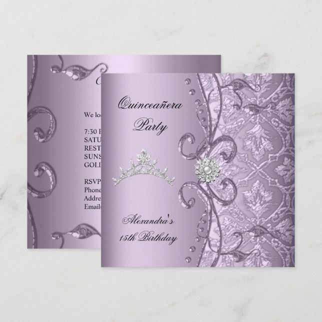 Quinceanera 15:e Party Damask Lilac Jewel Image Inbjudningar (Fram/baksida)