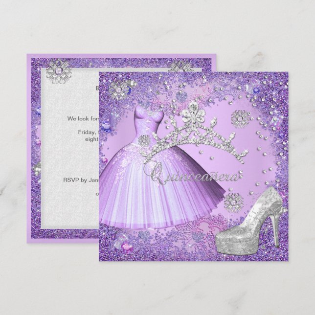 Quinceanera 15:e Party Lila Tiara Dress Shoe Inbjudningar (Fram/baksida)