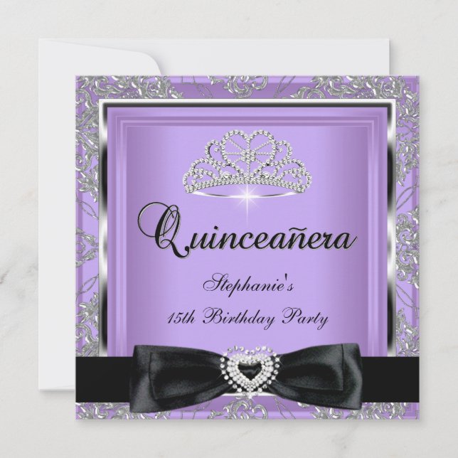 Quinceanera 15:e Party Lilac Damask Silver Black Inbjudningar (Framsida)