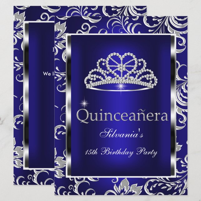 Quinceanera 15:e Party Mörk blått Damask Silver Inbjudningar (Fram/baksida)