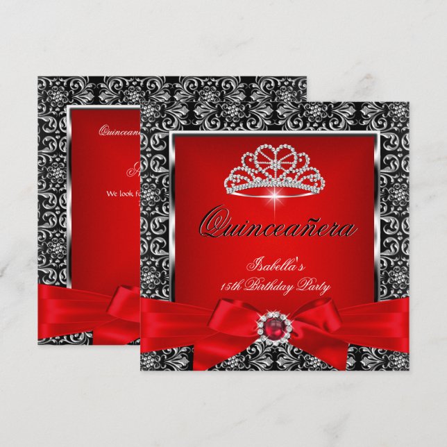 Quinceanera 15:e Party Red Damask Silver Black 3 Inbjudningar (Fram/baksida)