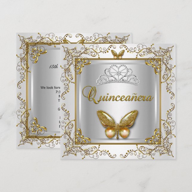Quinceanera, 15:e Party Silver White Guld Butterfl Inbjudningar (Fram/baksida)