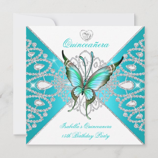 Quinceanera 15:e Party Teal Blue Butterfly Tiara Inbjudningar (Framsida)