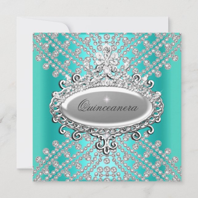 Quinceanera 15:e Party Teal Blue White Diamond Inbjudningar (Framsida)