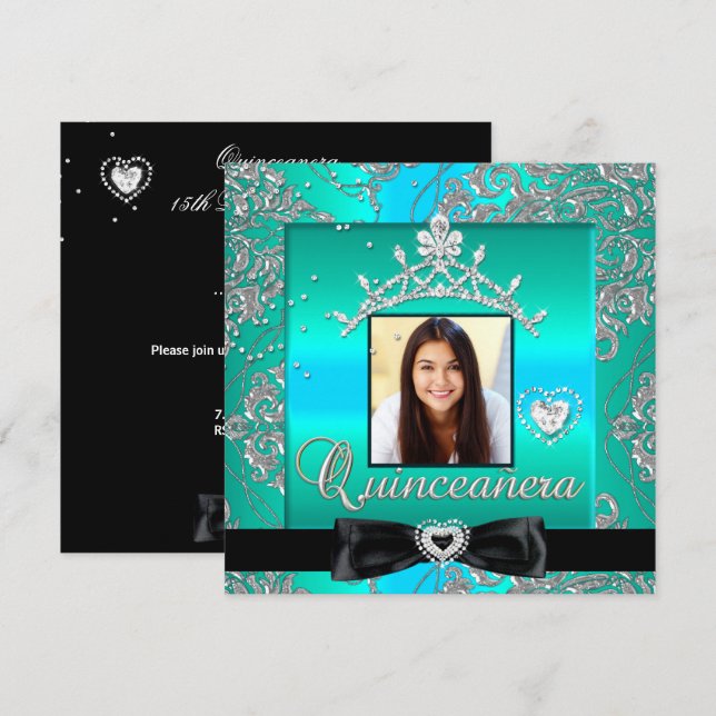 Quinceanera 15:e Party Teal Silver Damask Photo Inbjudningar (Fram/baksida)