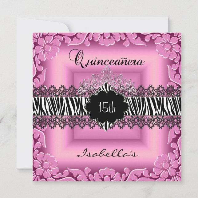 Quinceanera 15:e Pink Svart Vit Zebra Spets Inbjudningar (Framsida)