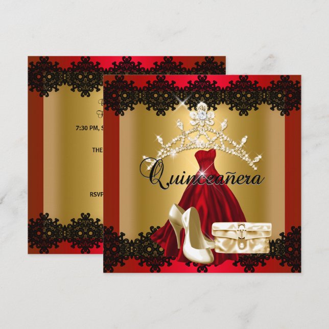 Quinceanera 15:e Red Black Guld Diamond Tiara Inbjudningar (Fram/baksida)