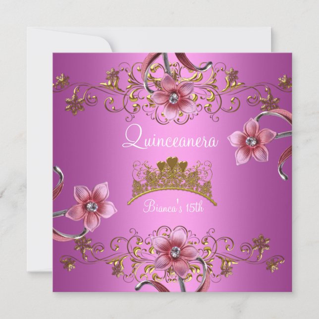 Quinceanera 15:e Rosa Flowers Guld Tiara Inbjudningar (Framsida)