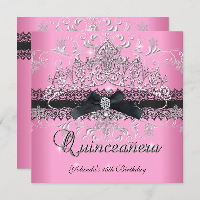 Quinceanera 15:e Rosa Glitter Tiara Black Bow Inbjudningar (Fram/baksida)