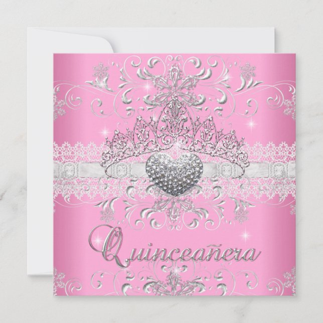 Quinceanera 15:e Rosa Glitter Tiara Snöre Heart Inbjudningar (Framsida)