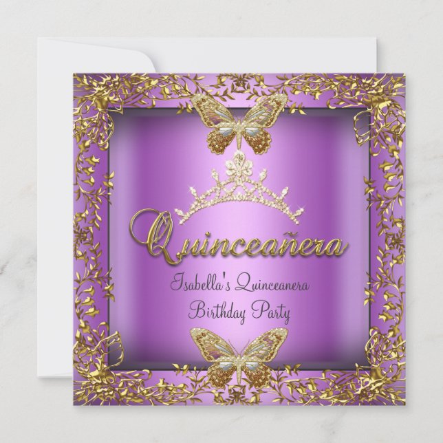 Quinceañera 15:e Rosa Lila Guld Butterfly Inbjudningar (Framsida)