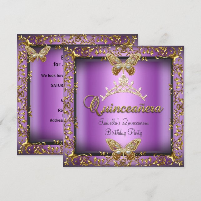 Quinceañera 15:e Rosa Lila Guld Fjäril Inbjudningar (Fram/baksida)