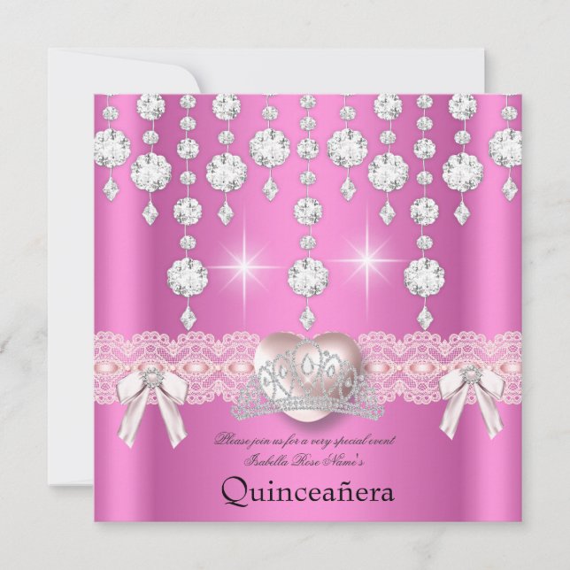 Quinceanera 15:e Rosa Silver Heart Diamonds 3 Inbjudningar (Framsida)