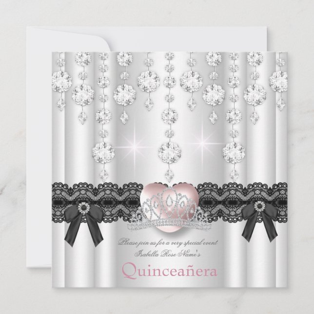 Quinceanera 15:e Rosa Silver Hjarta Diamanter Inbjudningar (Framsida)