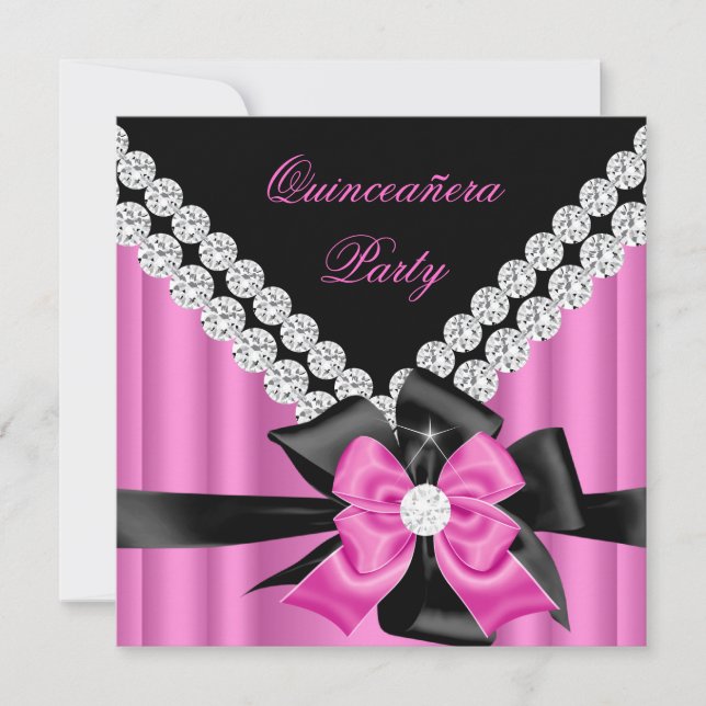 Quinceanera 15:e Rosa Silver Svart Båge Diamanter Inbjudningar (Framsida)
