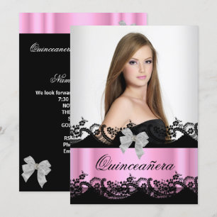 Quinceanera 15:e Rosa Svart Vitt Spets Foto Inbjudningar