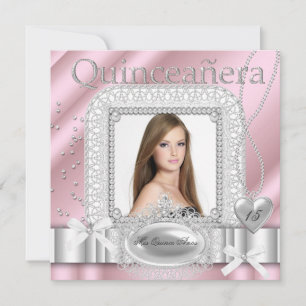 Quinceanera 15:e Rosa Vit Spets Pärlfotografi Inbjudningar