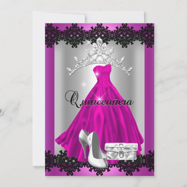 Quinceanera 15:e Rosan Black Silver Diamond Tiara Inbjudningar (Framsida)