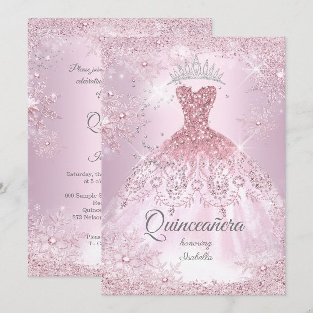 Quinceanera 15:e  rosan Snowflake Winter Dress Inbjudningar (Fram/baksida)