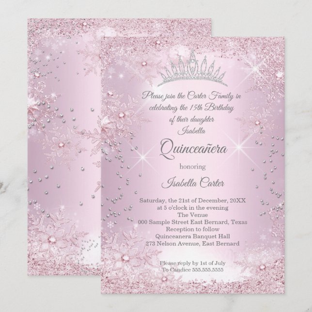 Quinceanera 15:e  Rosan Snowflake Winter Inbjudningar (Fram/baksida)