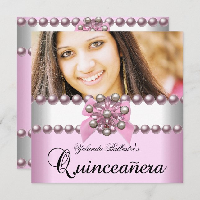 Quinceanera 15:e Rosan White Rosa Pearl Bow Photo Inbjudningar (Fram/baksida)