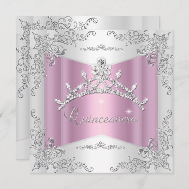 Quinceanera 15:e Rosan White Silver Tiara Inbjudningar (Fram/baksida)