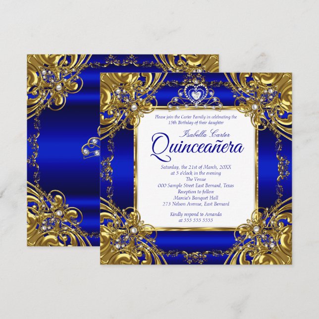 Quinceanera 15:e Royalet Blue Guld Pearl Tiara Inbjudningar (Fram/baksida)