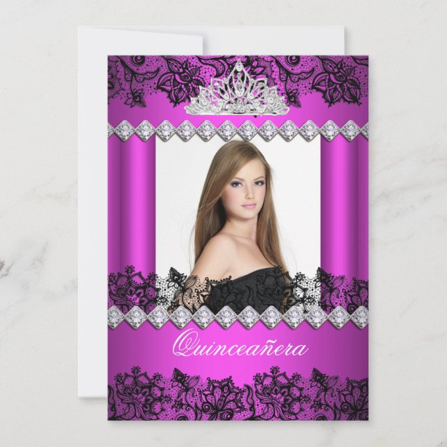 Quinceanera 15:e Shock rosa Svartvit Snöre-foto Inbjudningar (Framsida)