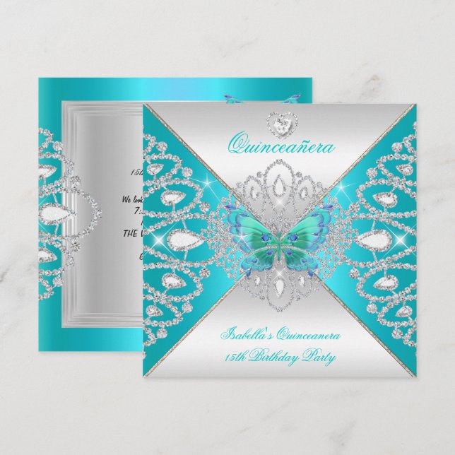 Quinceanera 15:e Silver Butterfly Tiara 2 Inbjudningar (Fram/baksida)