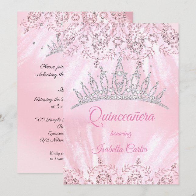 Quinceanera 15:e Söt Rosa glitter Tiara party Inbjudningar (Fram/baksida)